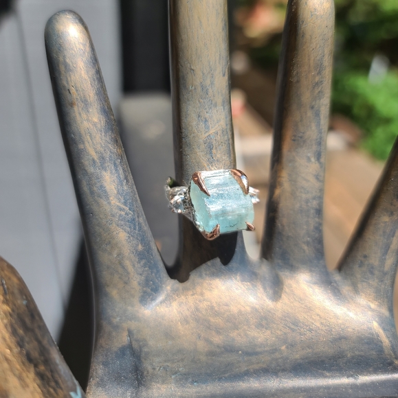 Aquamarine HUGE 9k raw nugget & Topaz Sterling ring sz8.5 - Picture 7 of 7